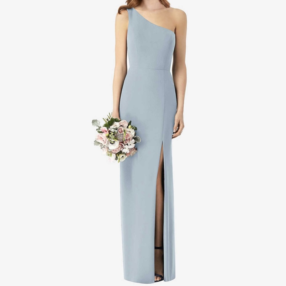 Dessy Collection One-Shoulder Light Blue Gown